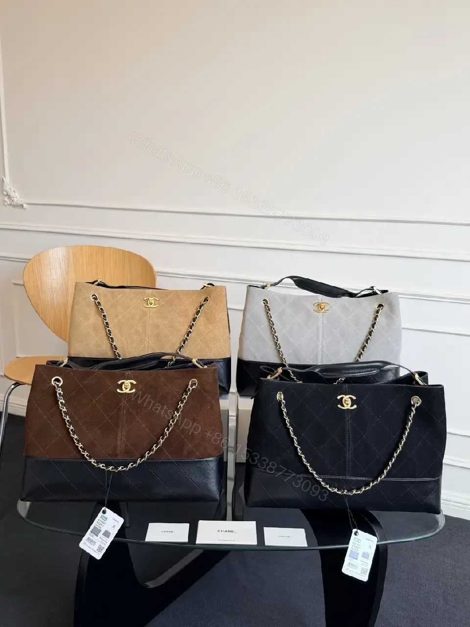 View 5 of Two-Tone Quilted Tote with Chain Accent