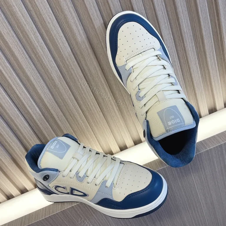 View 4 of Ivory Leather Dior-Inspired High-Top Sneakers with Blue Accents