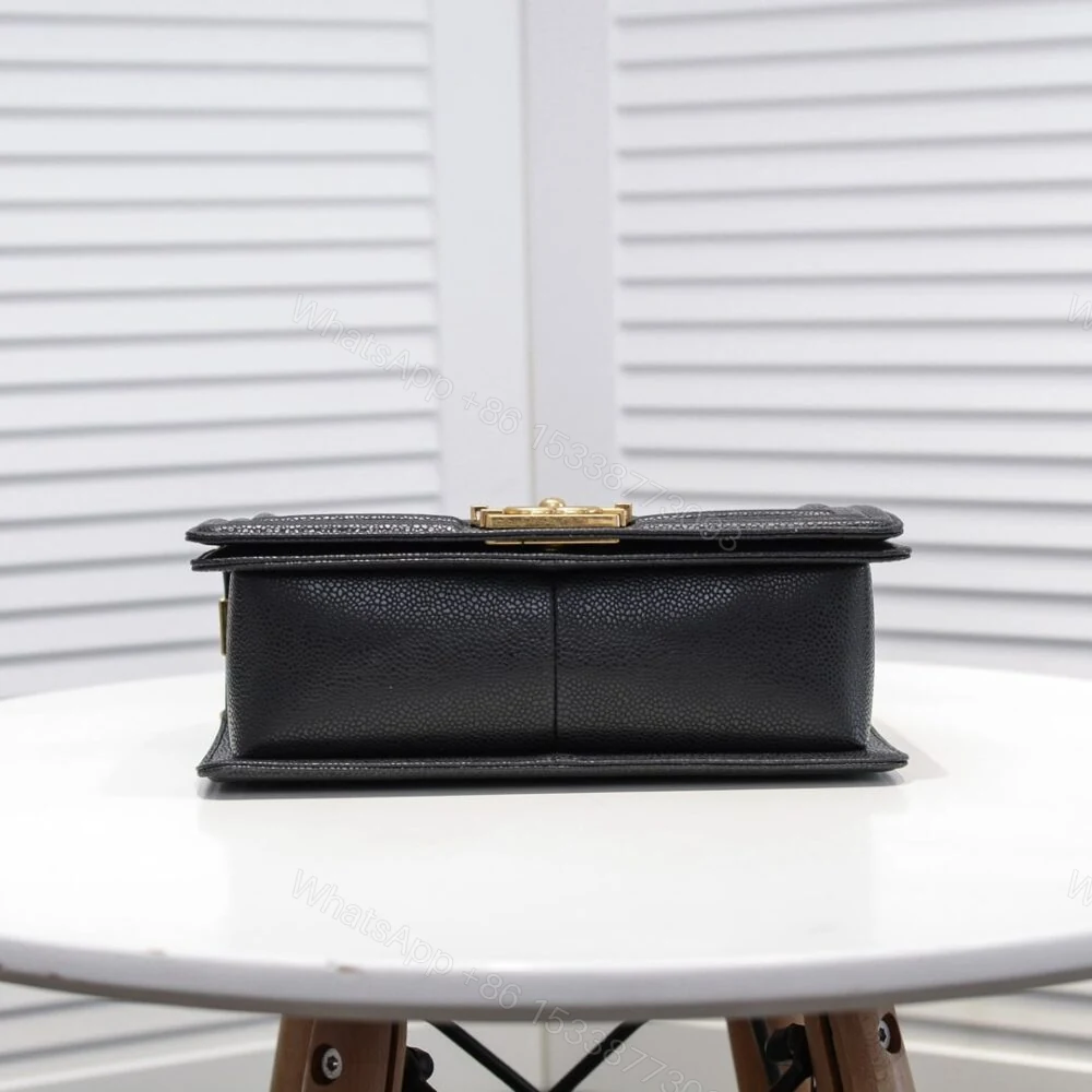 View 4 of Chanel Boy Medium Handbag Grained And Gold Tone Metal Black 25Cm