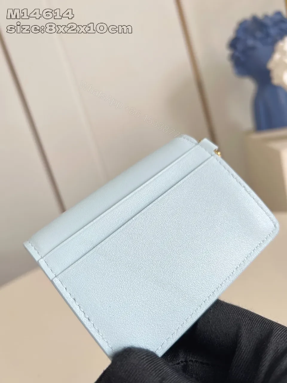 View 6 of Powder Blue Calfskin Mini Wallet with Gold Hardware