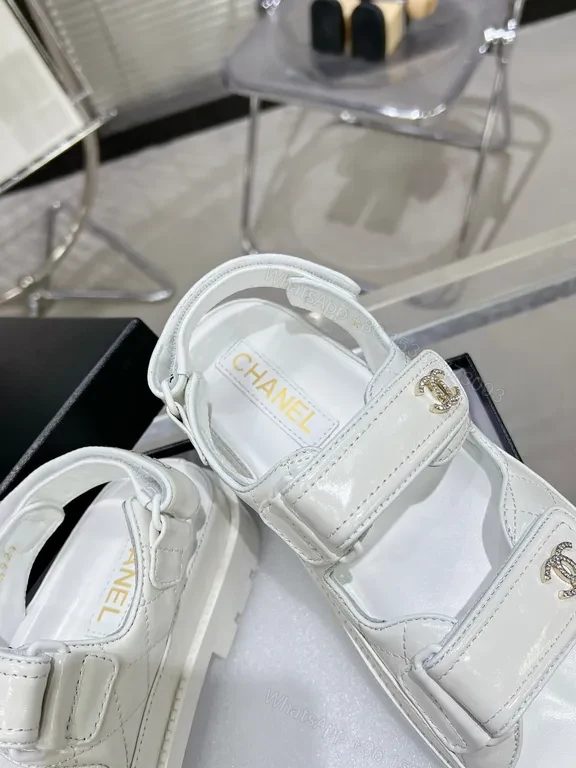 View 8 of White Leather Velcro Sandals with Chanel-Inspired Hardware