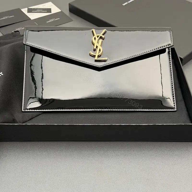 Glossy Patent Envelope Clutch: Luxe Gold Logo Wallet — view 1