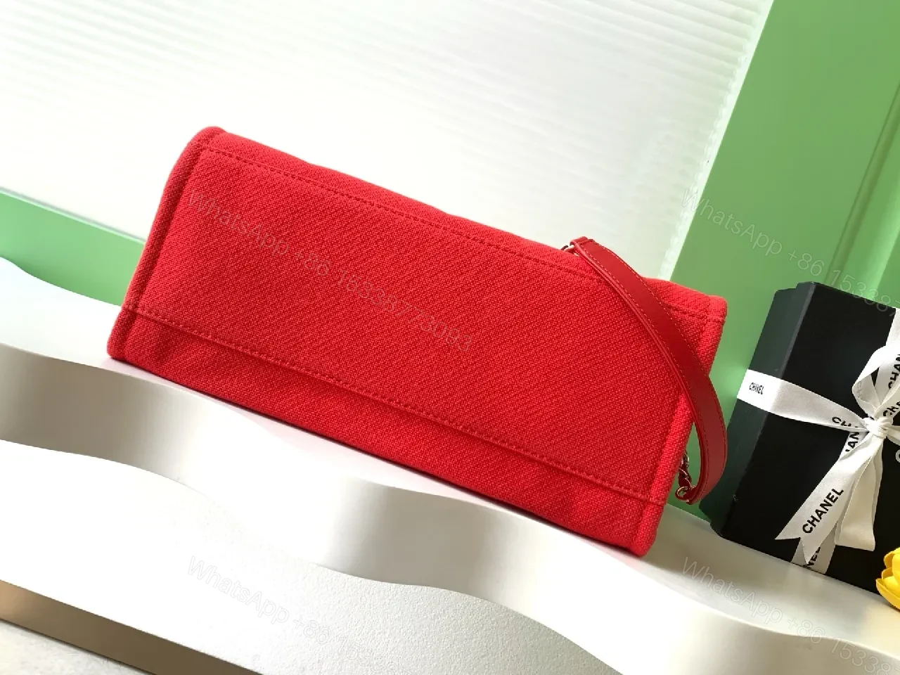 View 7 of Bold Red Canvas Tote with Logo & Chain Detailing