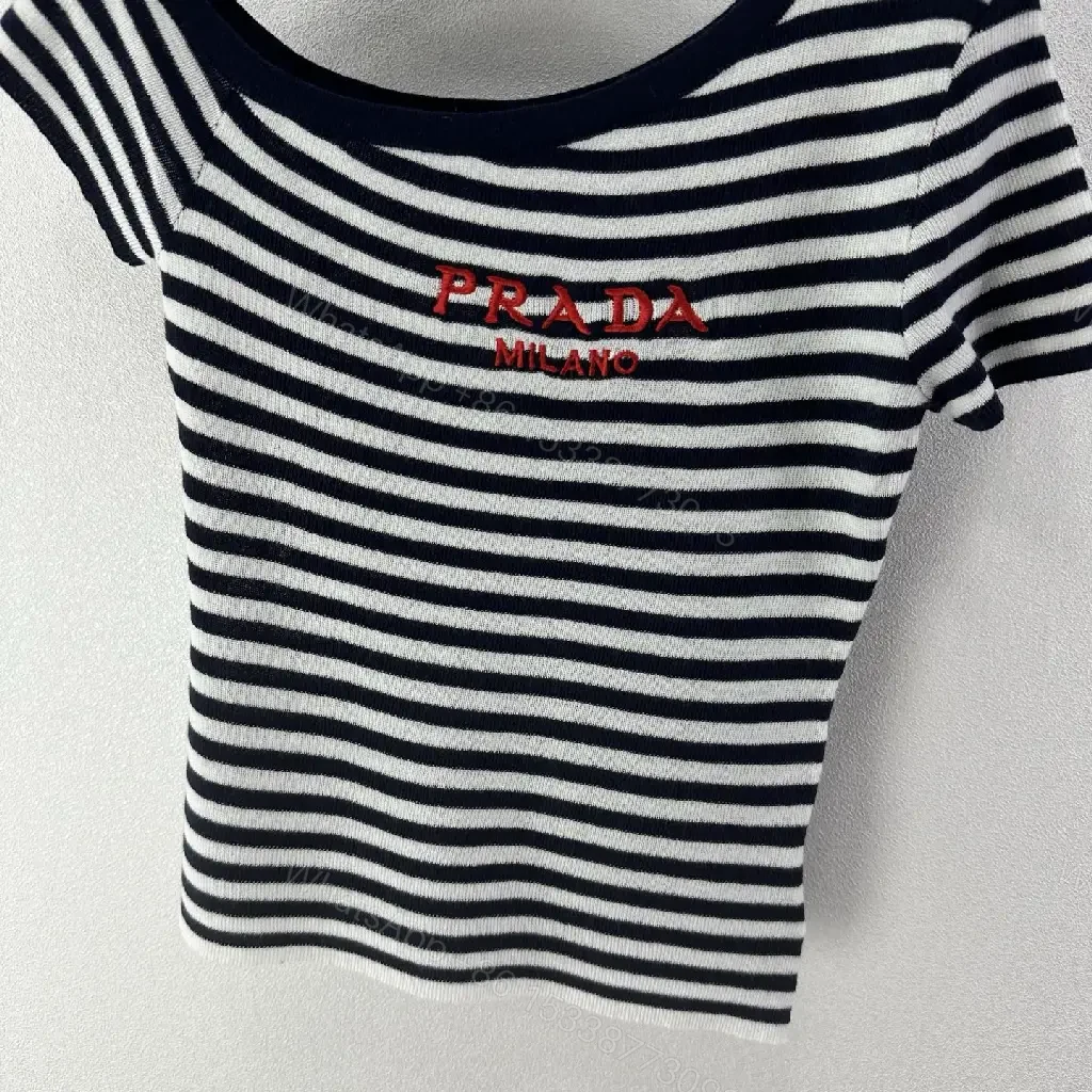 View 2 of Navy Stripe Cropped Tee with Embroidered Prada Milano Text