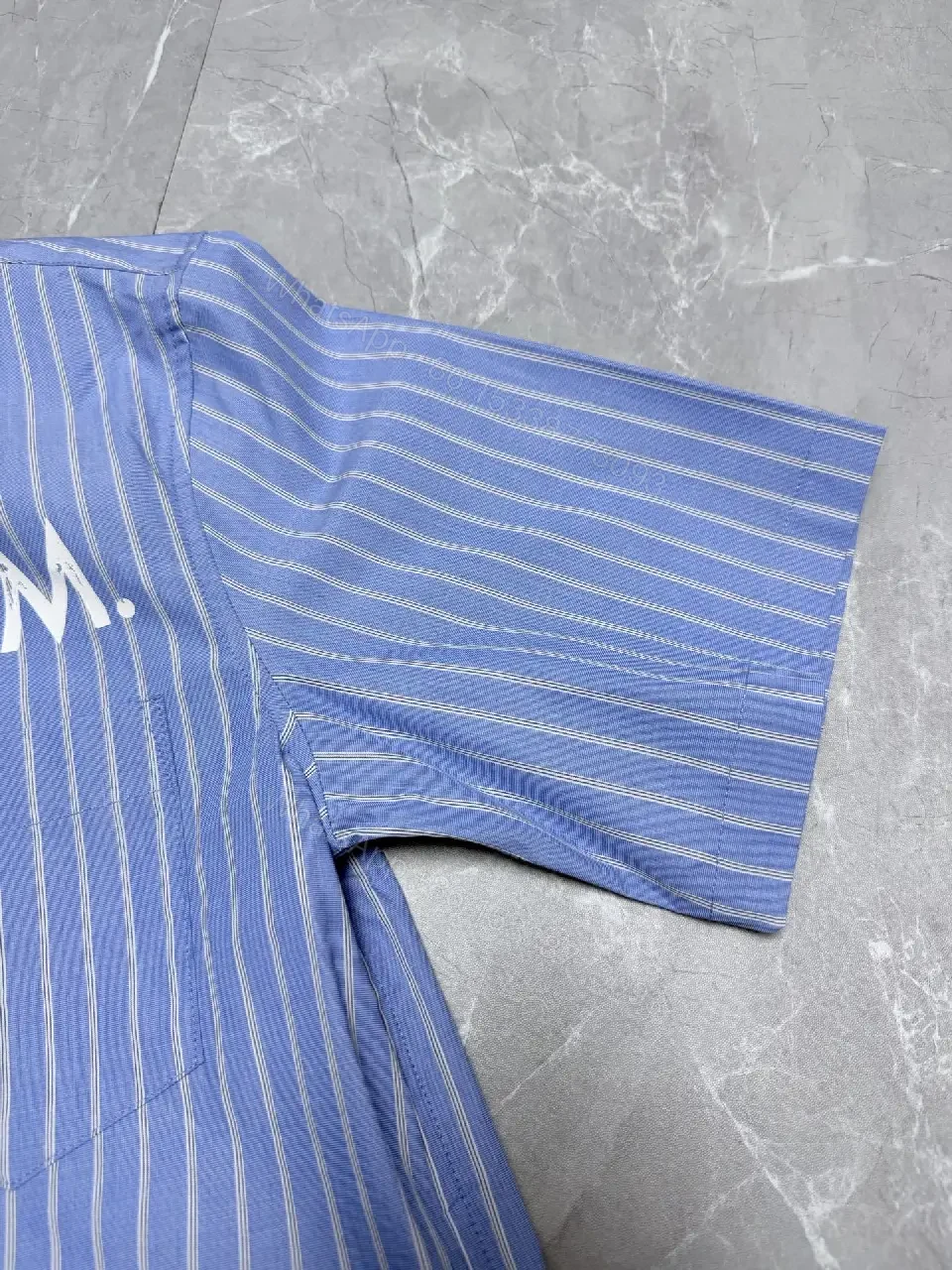 View 10 of Light-Blue Striped Shirt with Modern Accents, Cotton Blend, Short-Sleeve, Premium Comfort