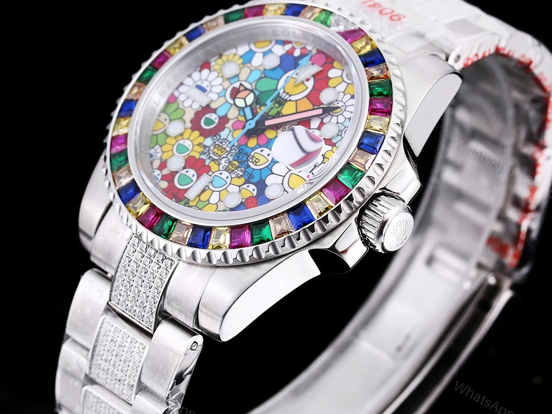View 6 of Rolex Submariner Colorful Rainbow Replica 42MM Premium Pavé Oyster Bracelet RG-ROLEX-SUB-COLORFUL-RAINBOW-42