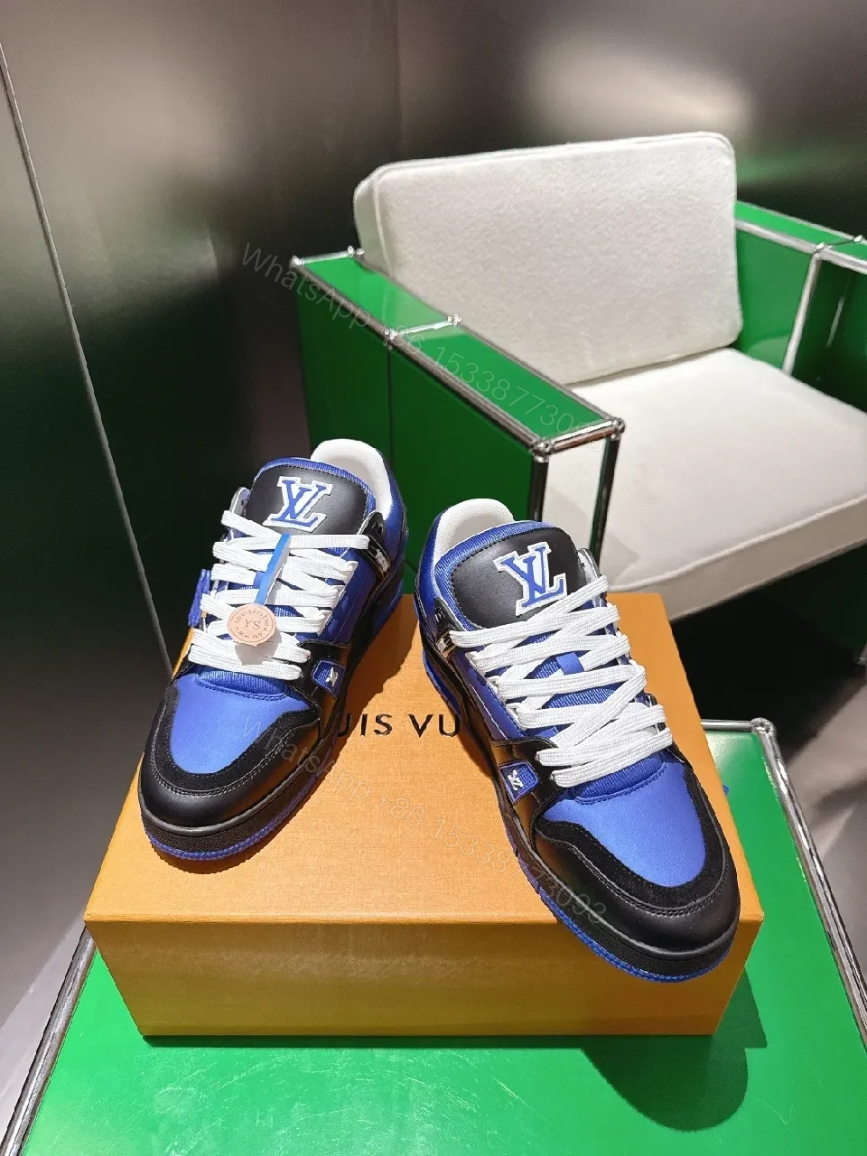 Blue & Black High-Top Luxury Sneakers with Monogram Details — view 1
