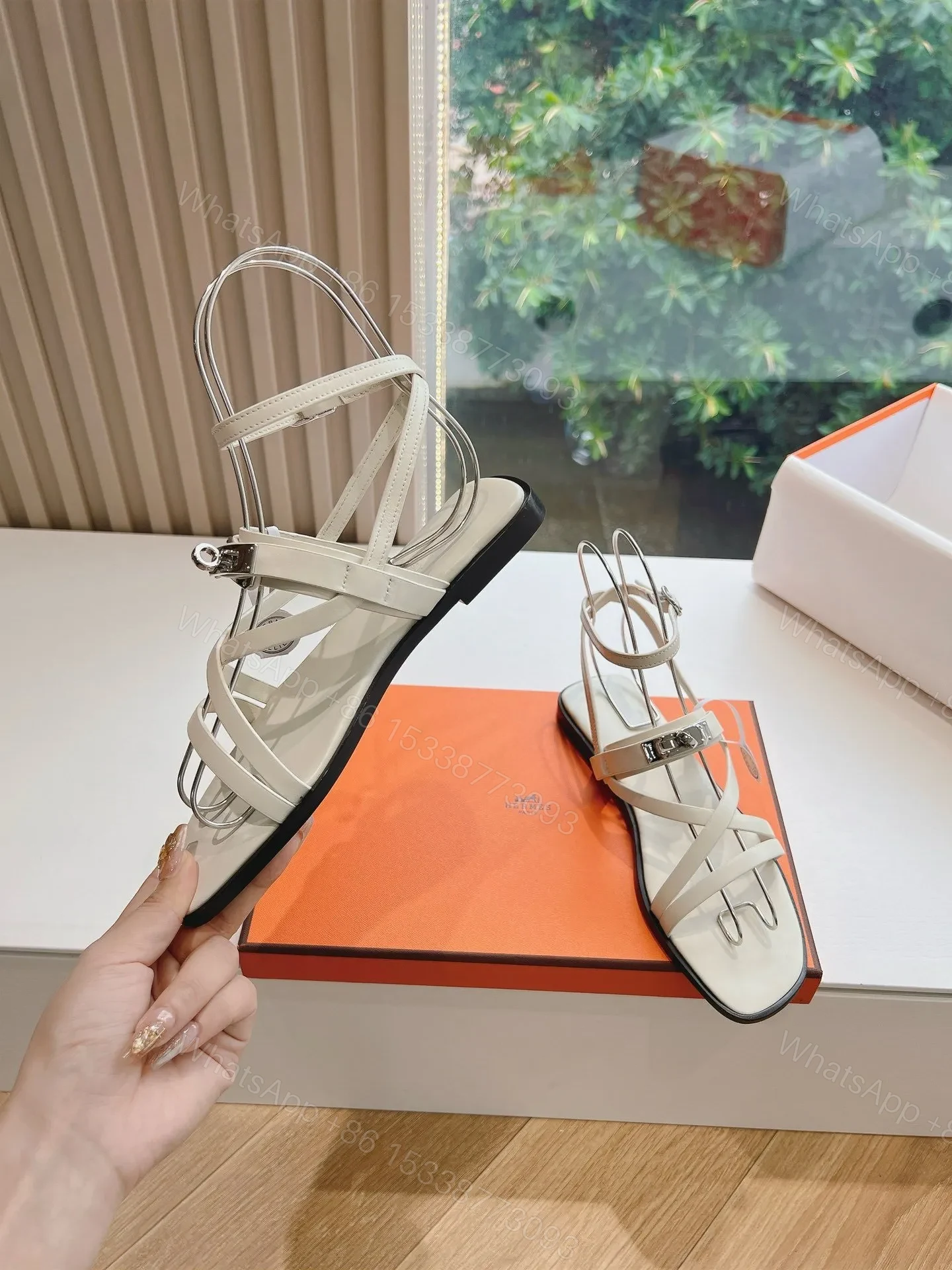 View 6 of Hermes Women White Leather Strappy Sandals