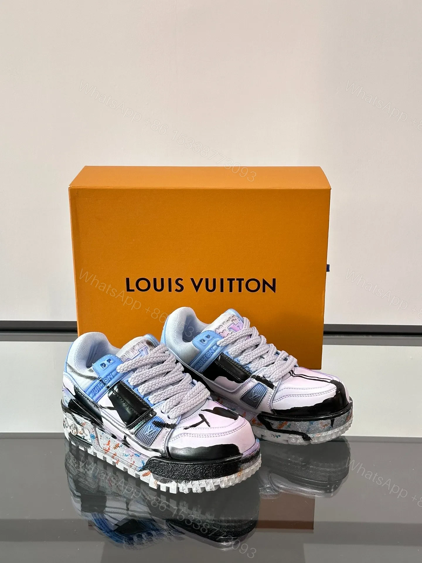 View 5 of LV Men Black White Blue Leather Sneakers