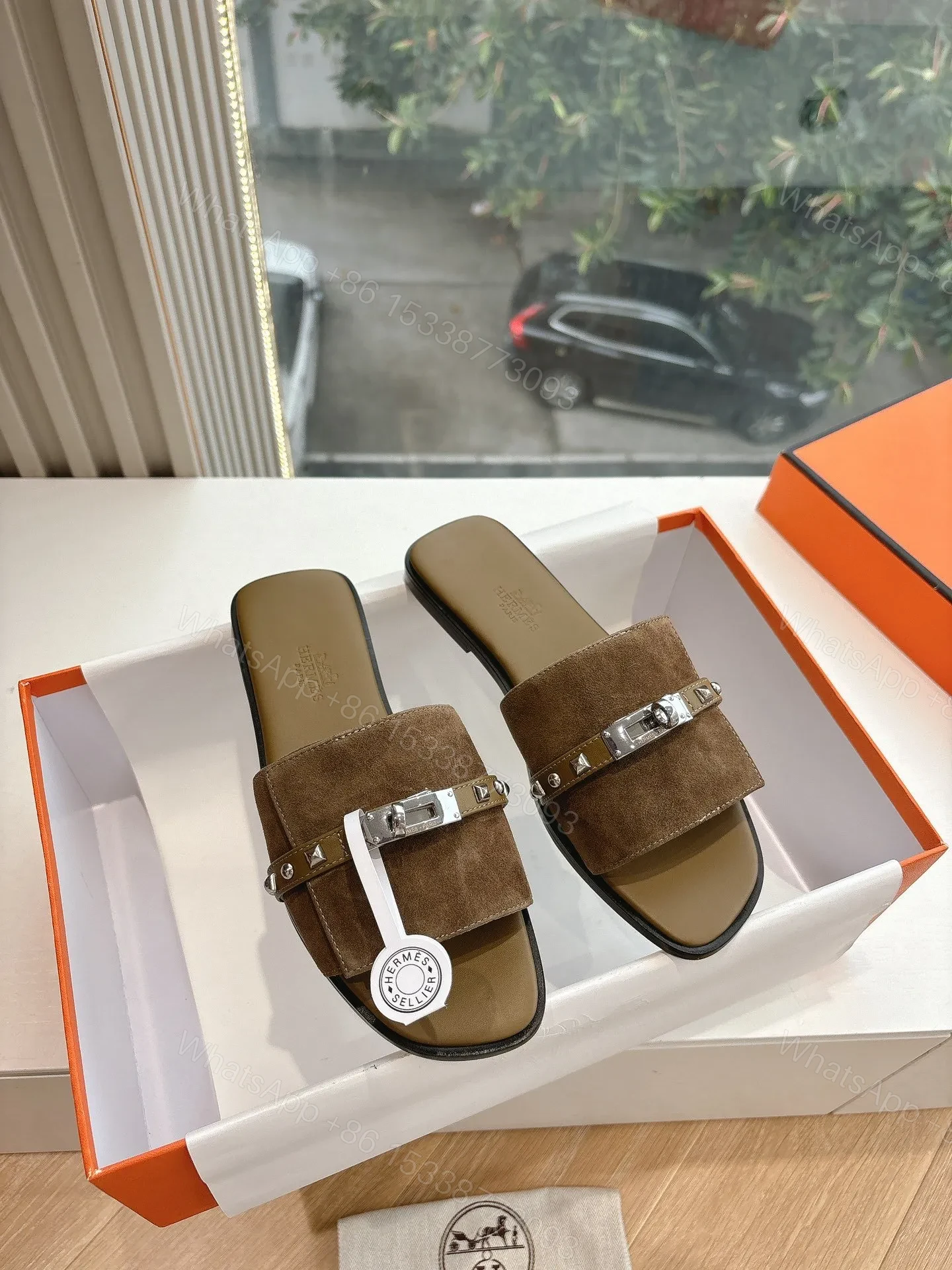 View 3 of Hermes Women Brown Suede Slide Sandals