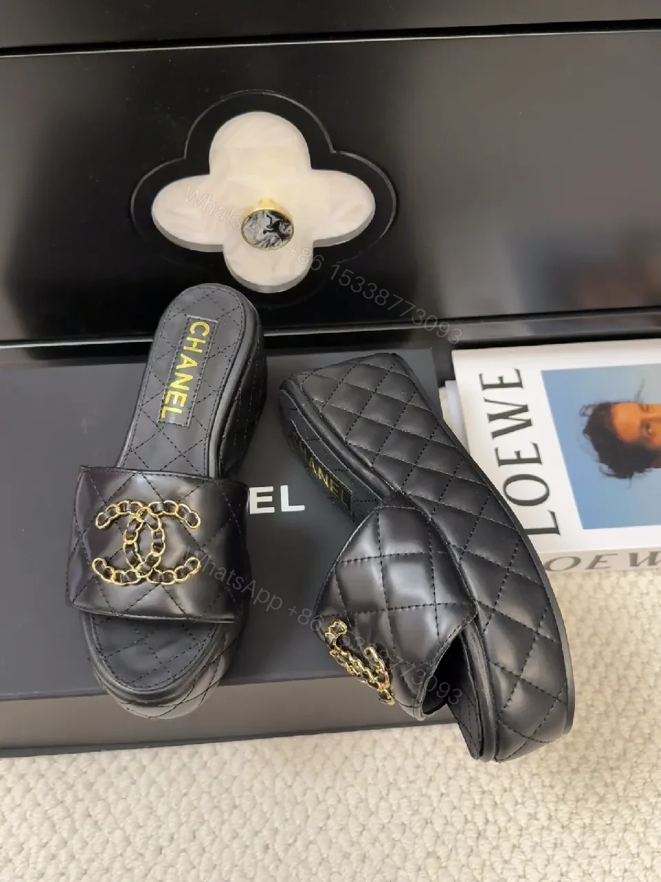 View 2 of Chic Quilted Mules: Black Vegan Leather, Gold Logo Slide