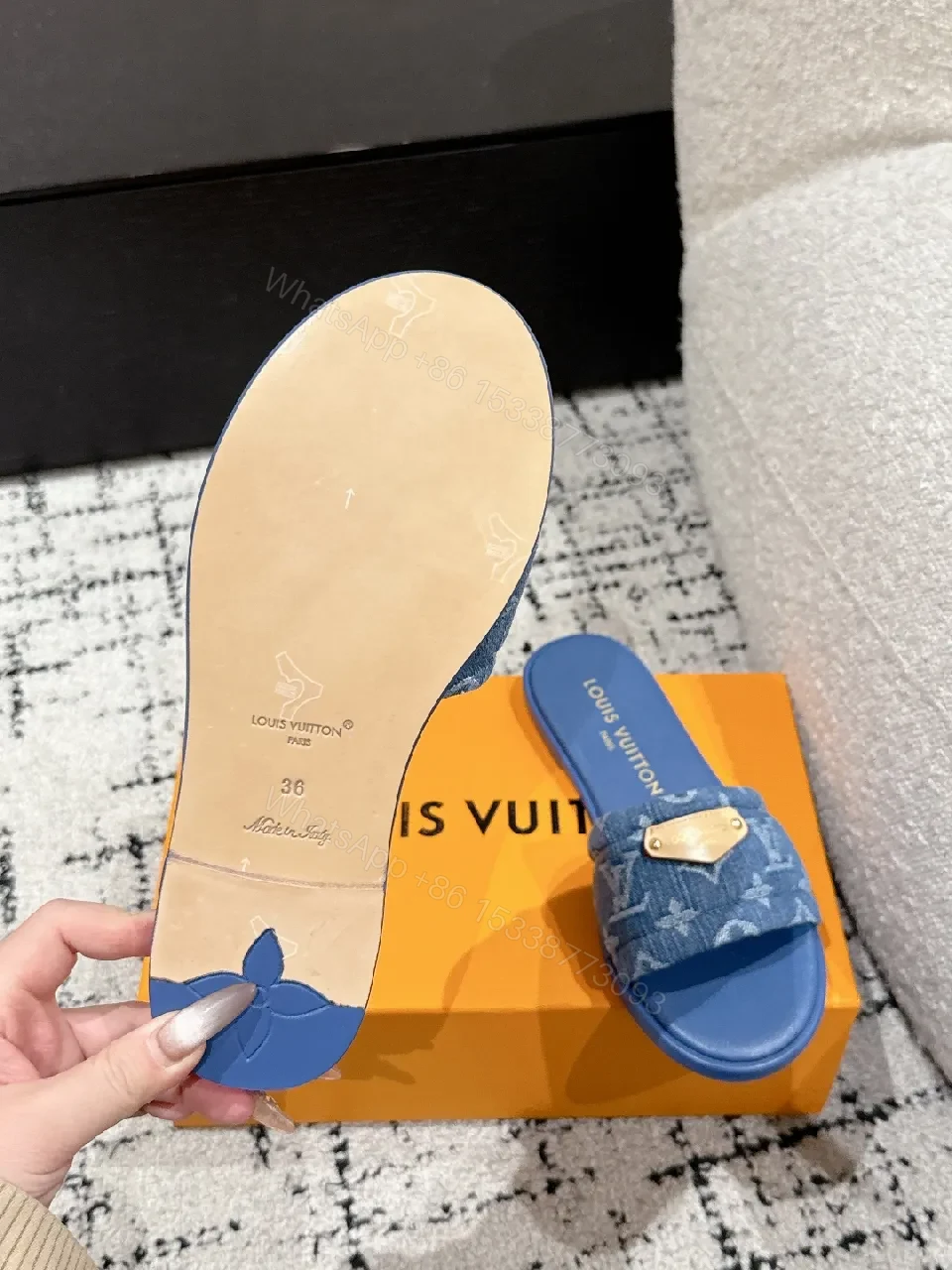 View 5 of Denim Monogram Slide with Gold Plaque: Modern Luxe Comfort