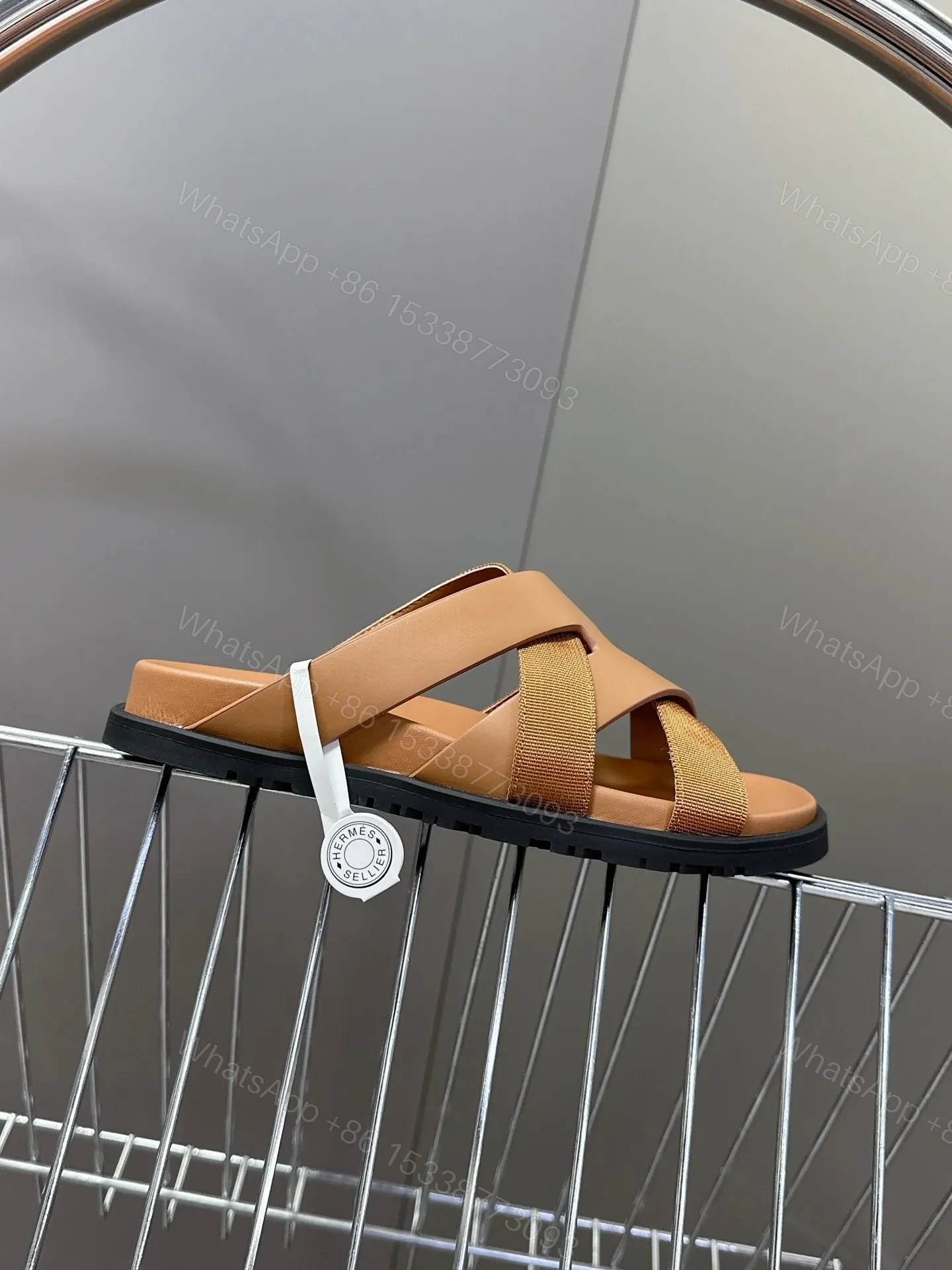 View 6 of Hermes Women Tan Leather And Fabric Sandals