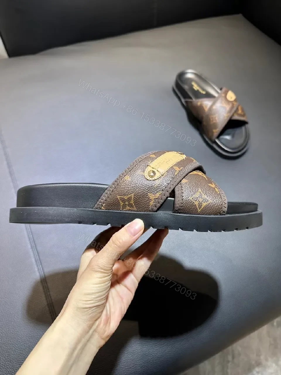 View 6 of Brown Monogram-Print Slip-On Sandals with Leather Trim