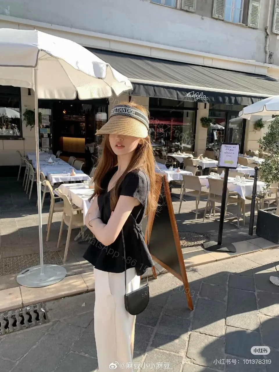 View 11 of Beige Straw Visor Hat Wide Brim Black Logo Band