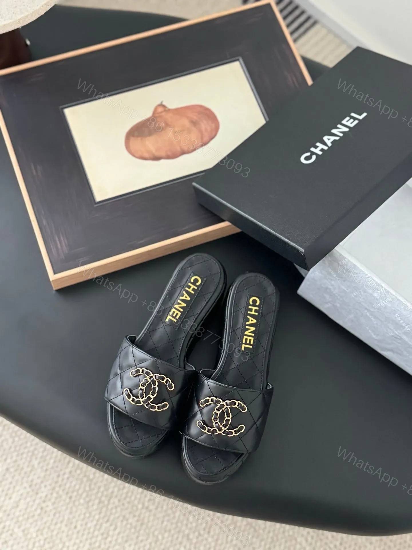 Chanel Women Black Leather Quilted Slides — view 1