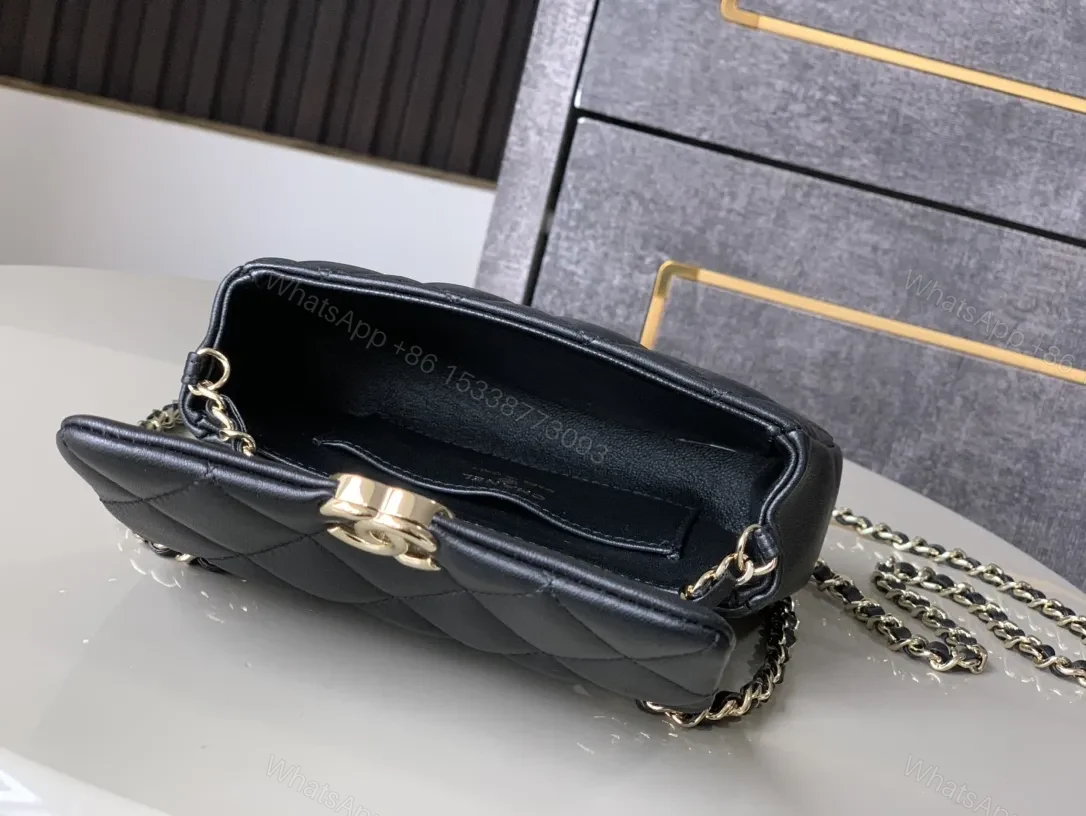 View 3 of Quilted Black Faux Leather Bag with Gold-Close Compact Evening Bag