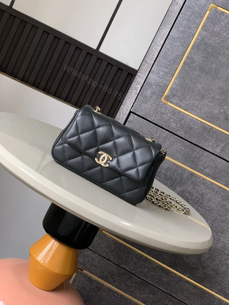 Quilted Black Faux Leather Bag with Gold-Close Compact Evening Bag — view 1