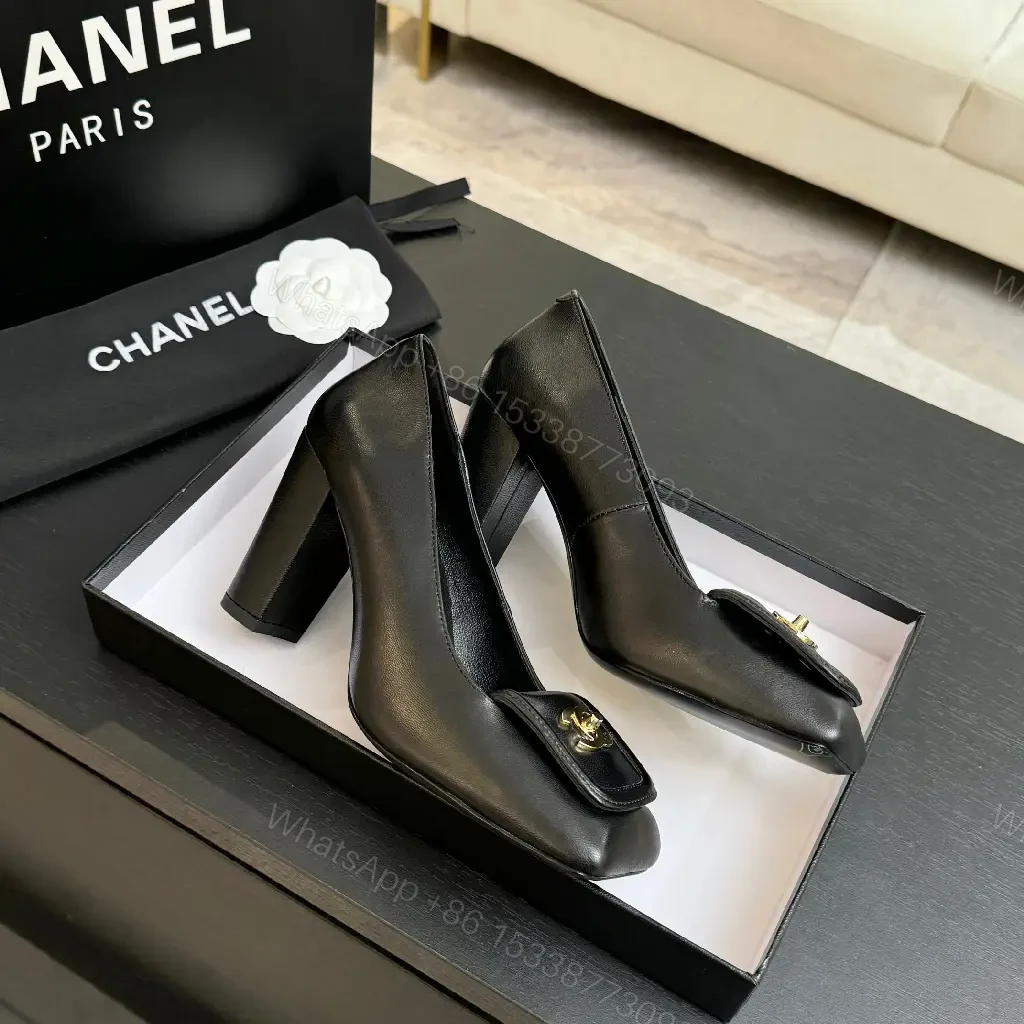 View 4 of Black Leather Heels with Iconic Hardware Emblem, Square-Toe, Block Heel