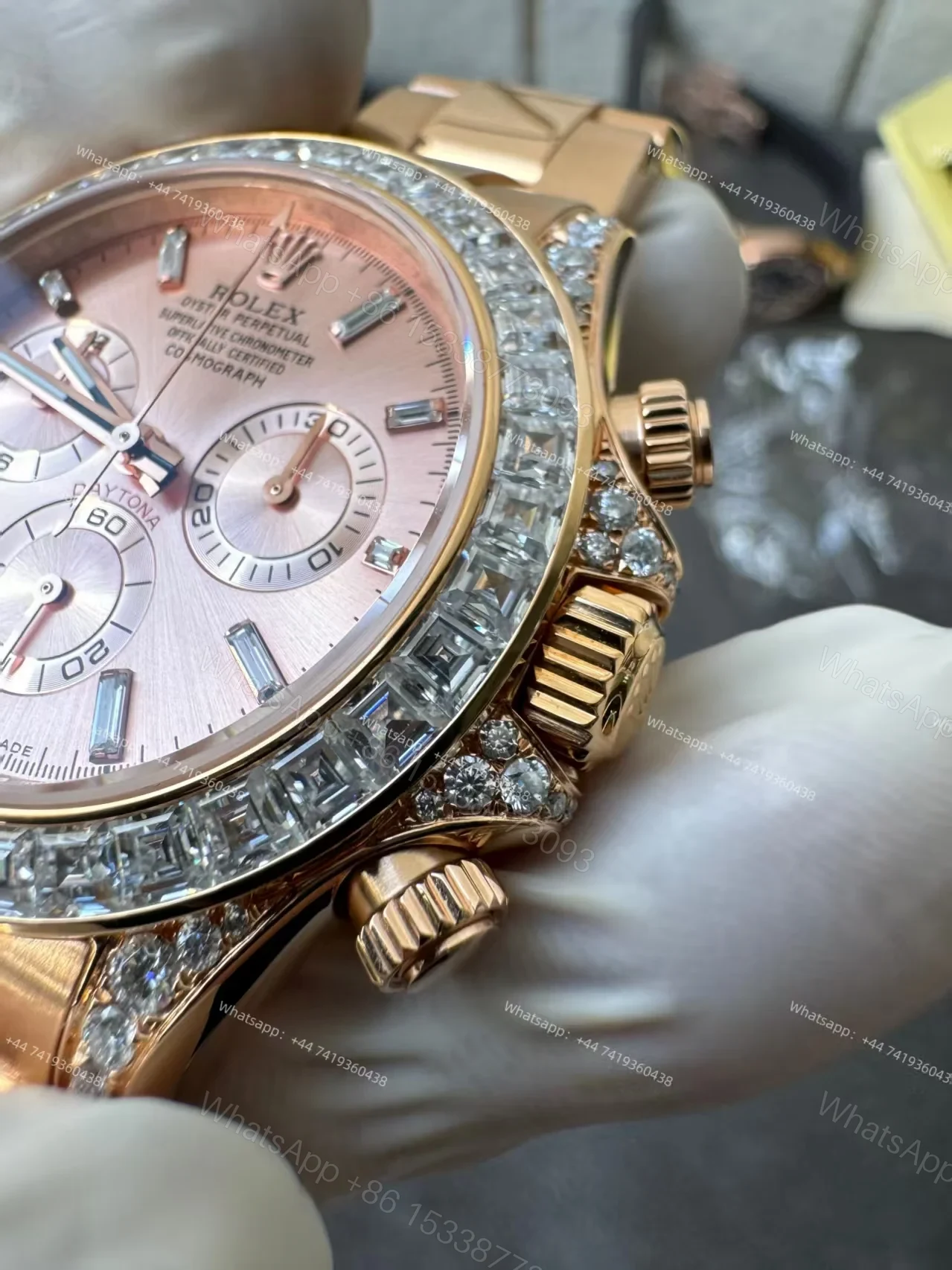 View 7 of Rolex Super Clone Daytona 126595TBR 1:1 Replica Watch – 18K Rose Gold Diamond Beze 4131 movement