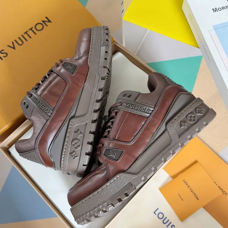 View 6 of Premium Leather Trail Sneakers: Burgundy, LV-Inspired Detail, All-Day Comfort