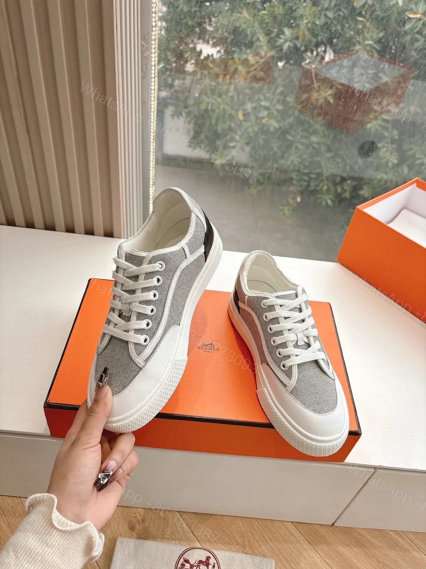 View 6 of Hermes Women White Gray Mesh Canvas Sneakers