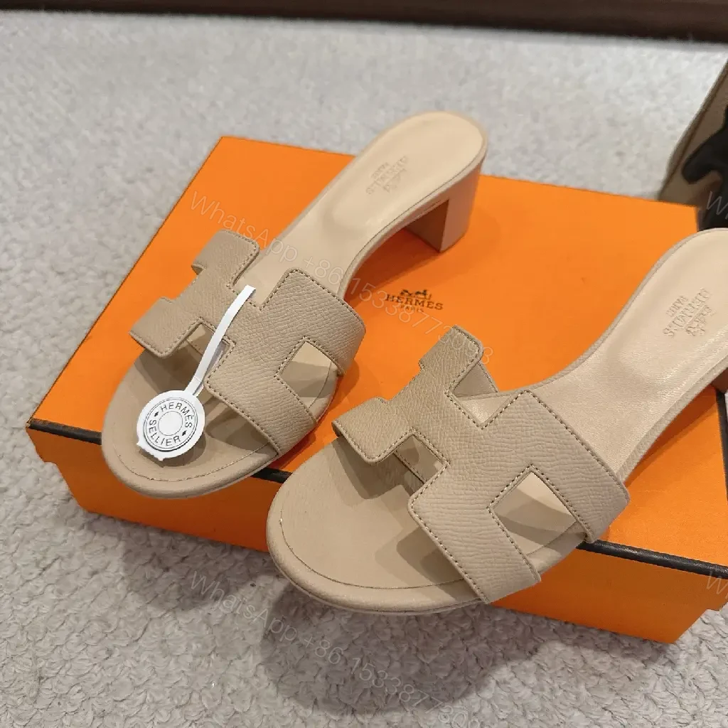 View 4 of Beige Leather Slide Sandals Hermès Style Comfort Shoes