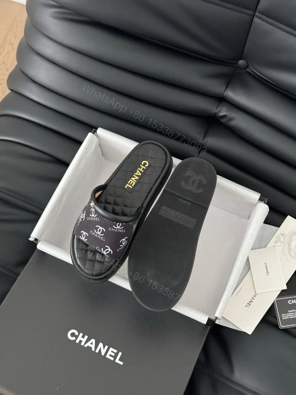View 9 of Black quilted slide sandals, faux leather, luxe casual, cushioned footbed, slide sandal