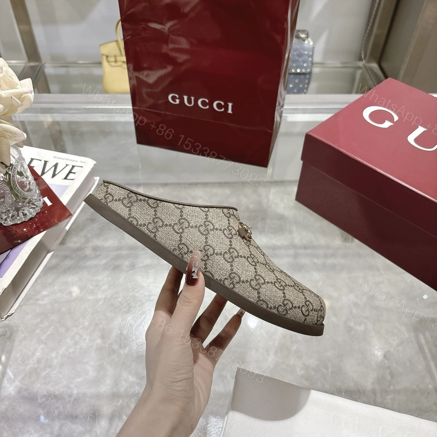View 7 of GUCCI WOMEN MULE WITH HORSEBIT CAMEL AND DARK BROWN GG CANVAS 837130 FAB10 2543