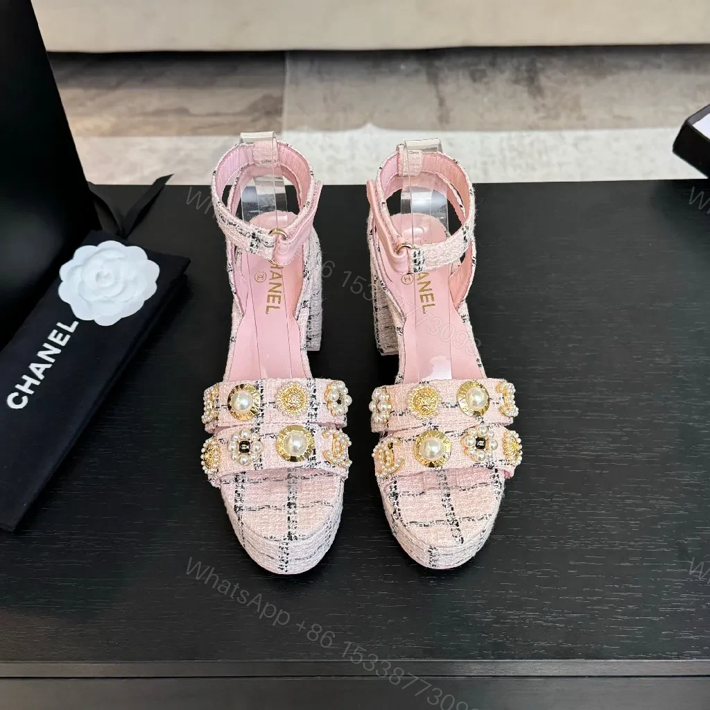 Chanel-Inspired Pink Tweed Slingback Heels with Embellished Straps — view 1