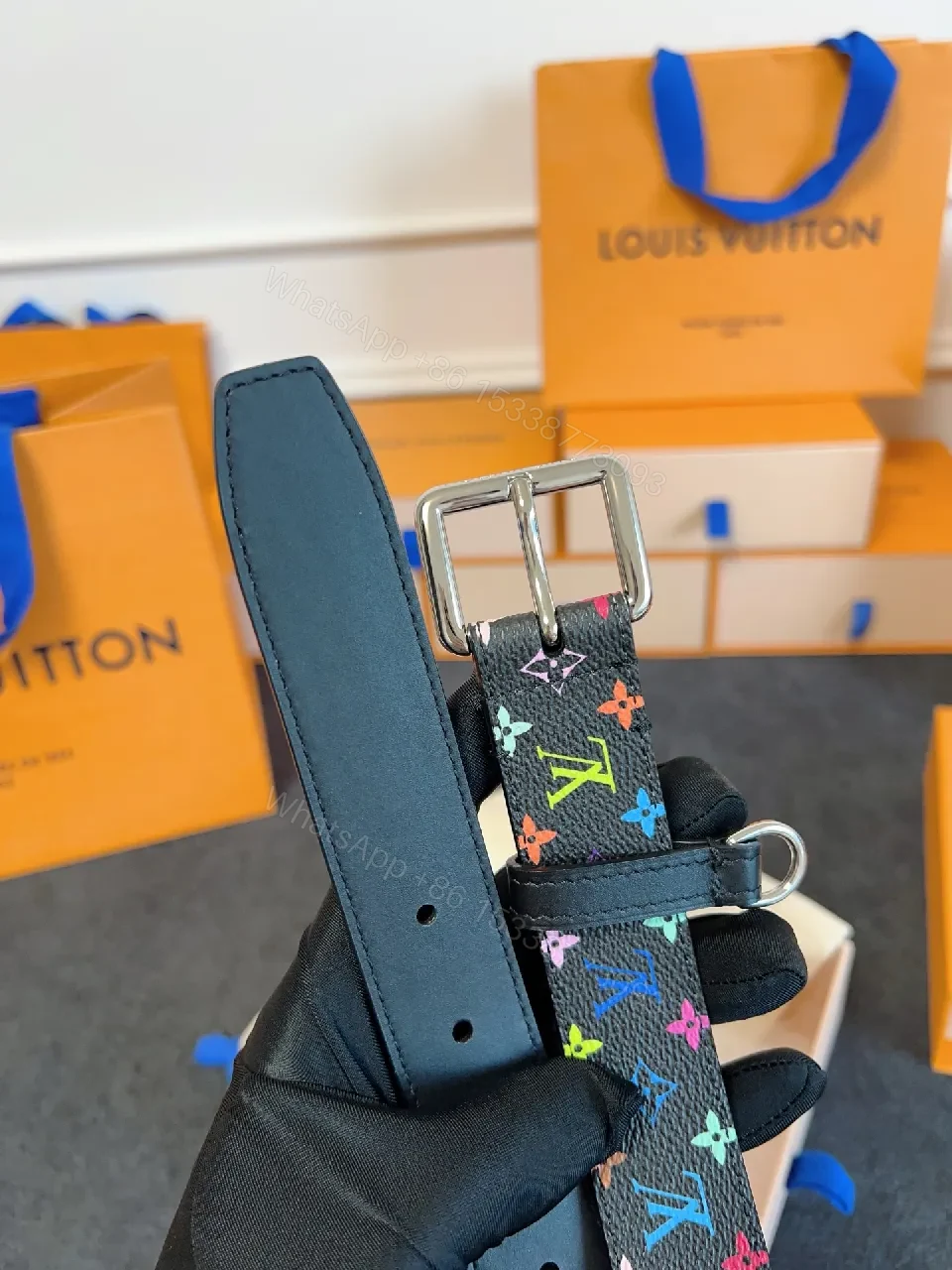View 5 of Bold Multicolor LV-Inspired Belt: Rainbow Monogram Accessory