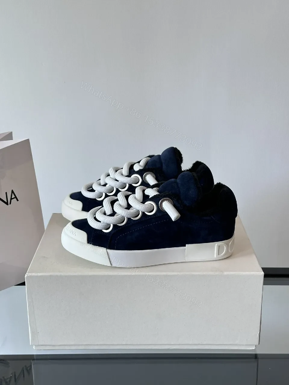 View 2 of Navy Suede High-Top Sneakers with Bold Laces and Comfort