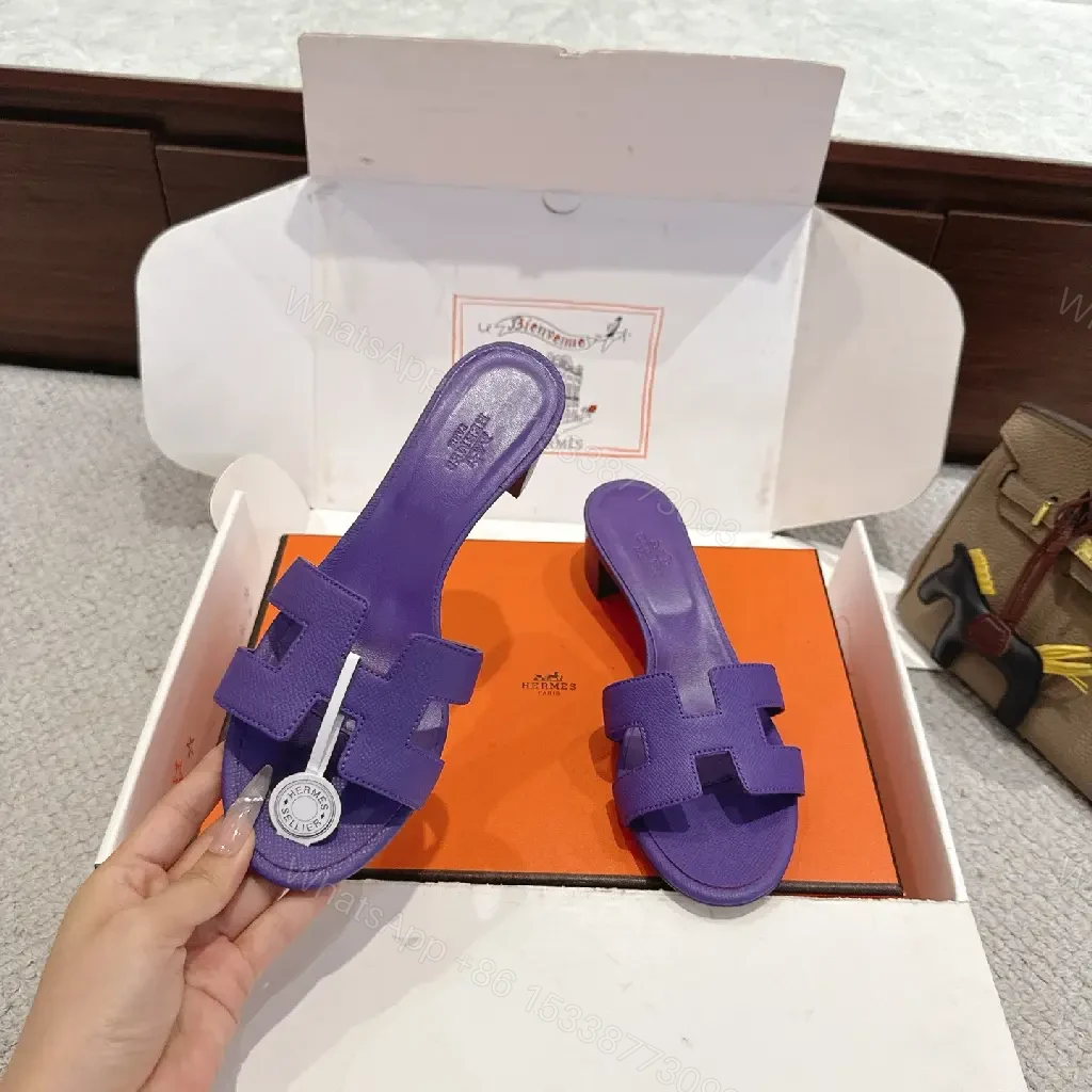 View 2 of Purple Leather Heeled Sandals Hermès-Style Slide Sandals