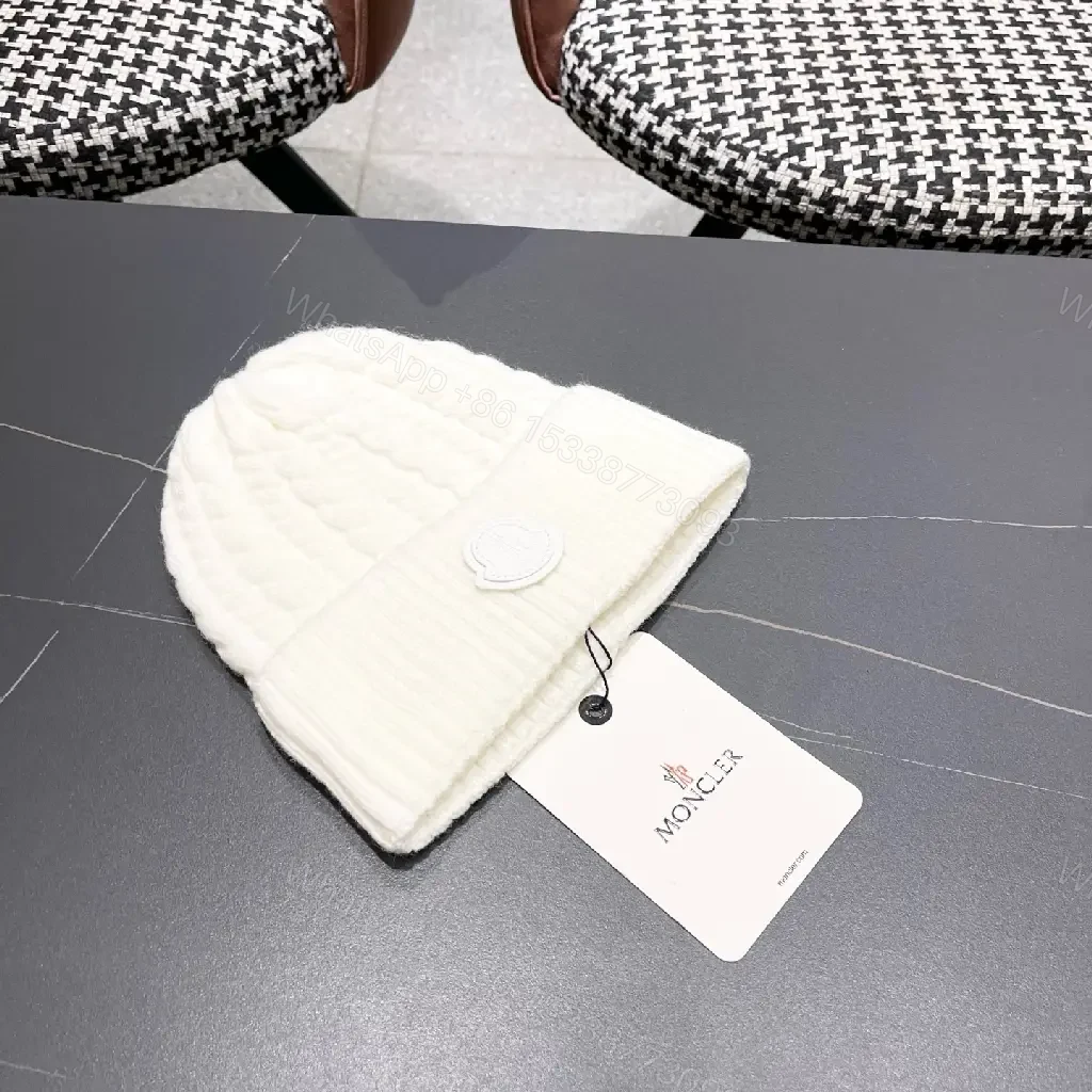 View 5 of White Knit Beanie: Premium Ribbed Cuff, Luxury Badge, Warmth