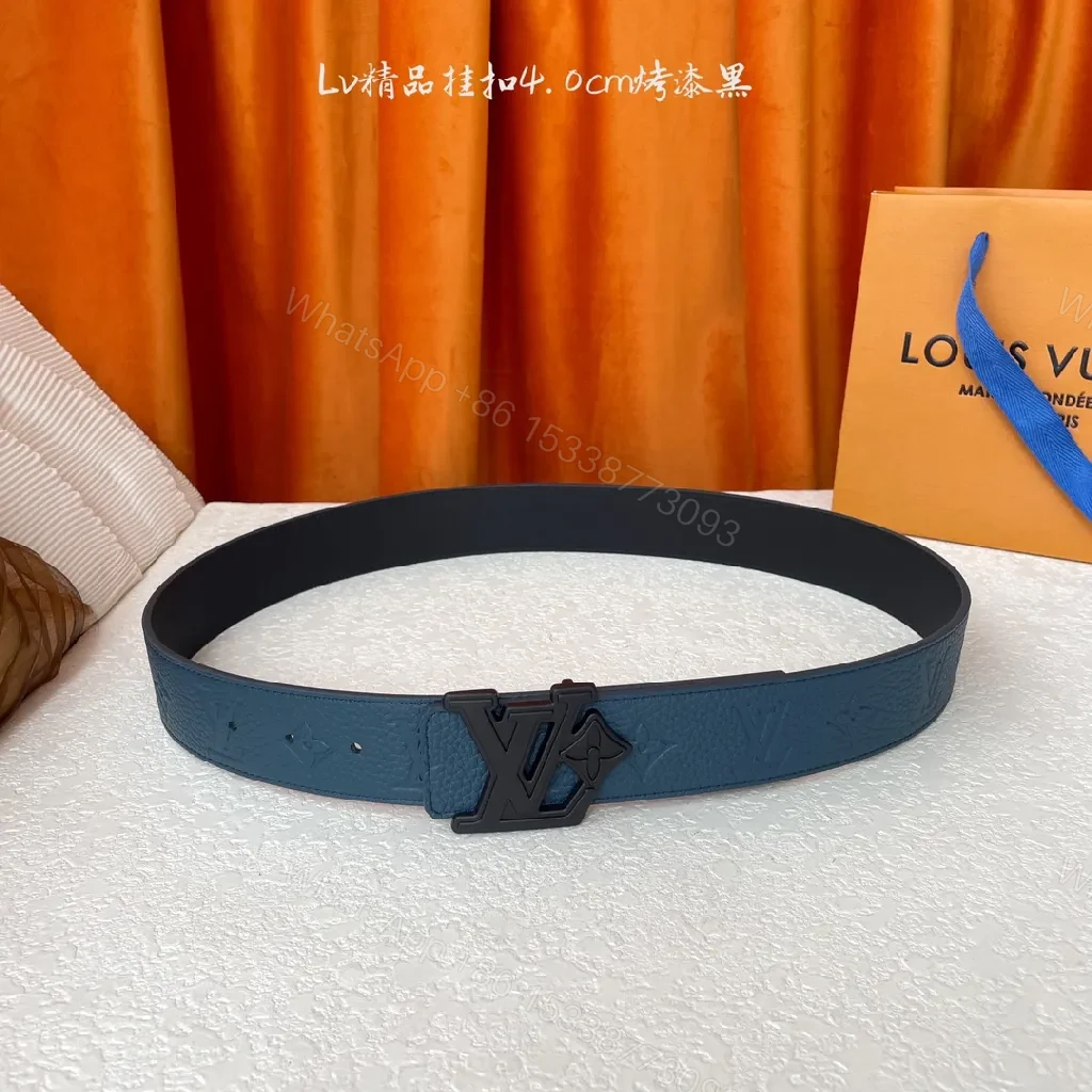 View 4 of Blue Leather Belt with Iconic Hardware—Monogram Texture, Durable Comfort