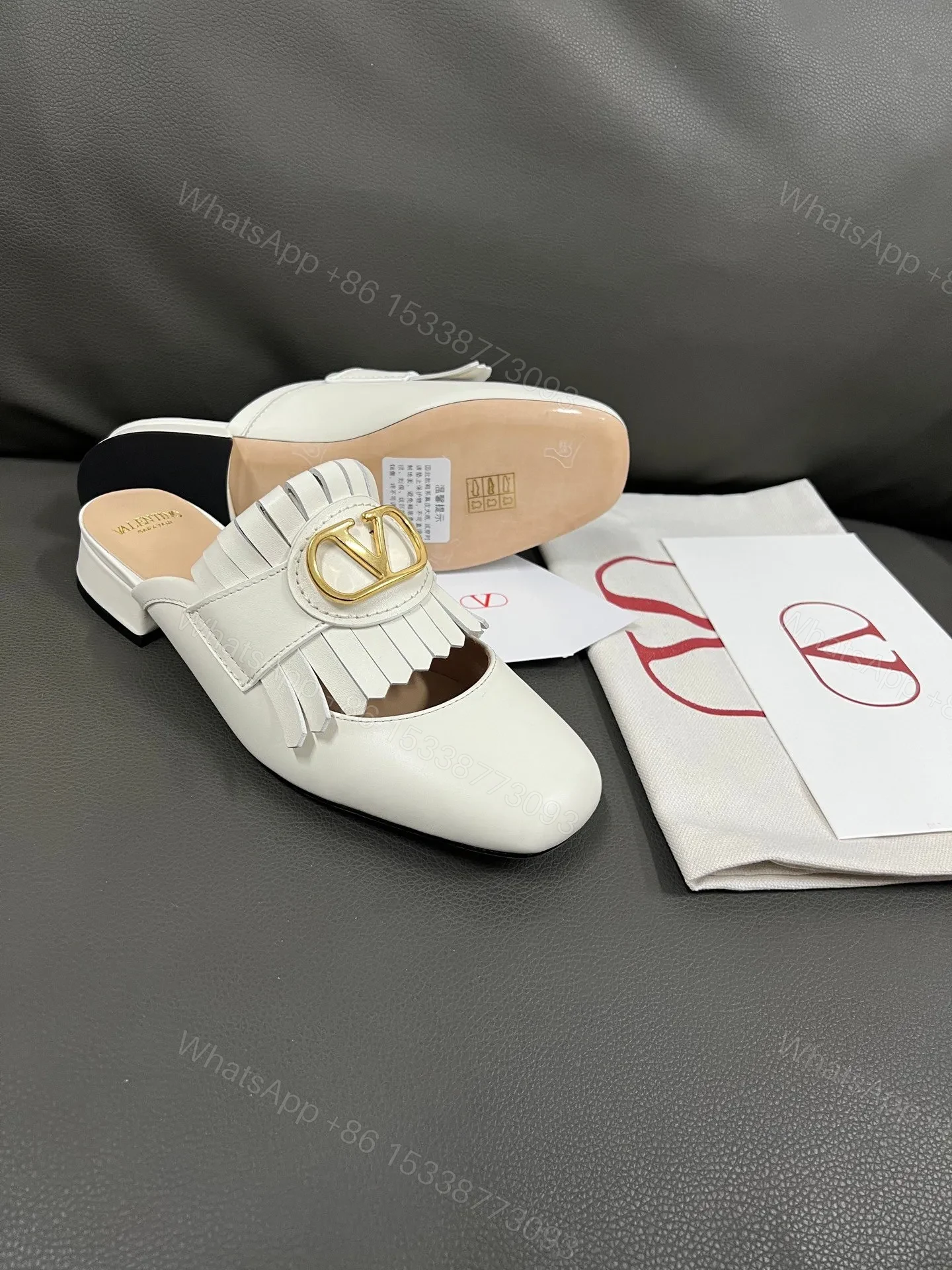 View 3 of Valentino Women White Leather Fringe Mules