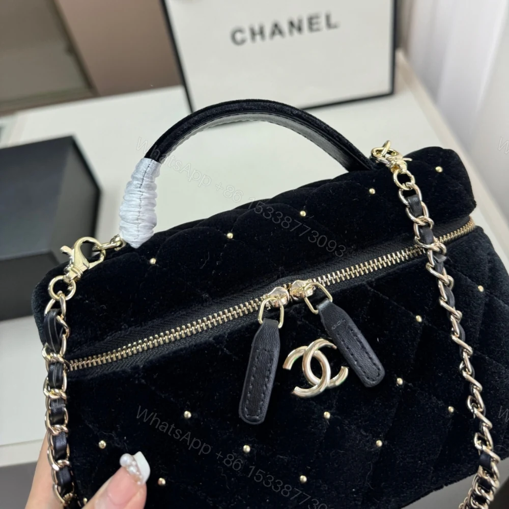 View 7 of Chanel Vanity With Chain Velvet Diamante And Gold Tone Metal Black 19Cm
