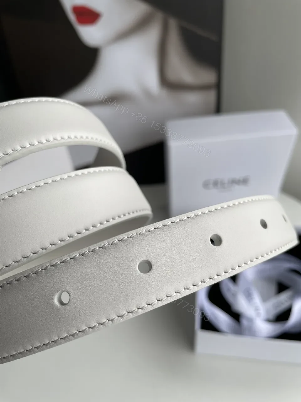 View 5 of White Leather Belt with Gold Buckle, Luxury Minimalist Style
