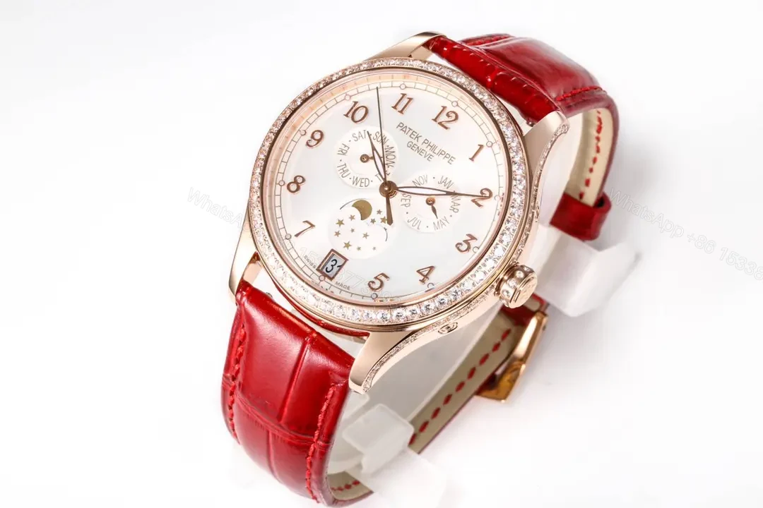 View 2 of Patek Philippe Complications Collection Annual Calendar Moon Phase Women’s Watch in Rose Gold with Diamond Set Case Red Leather Strap and Mother of Pearl Dial