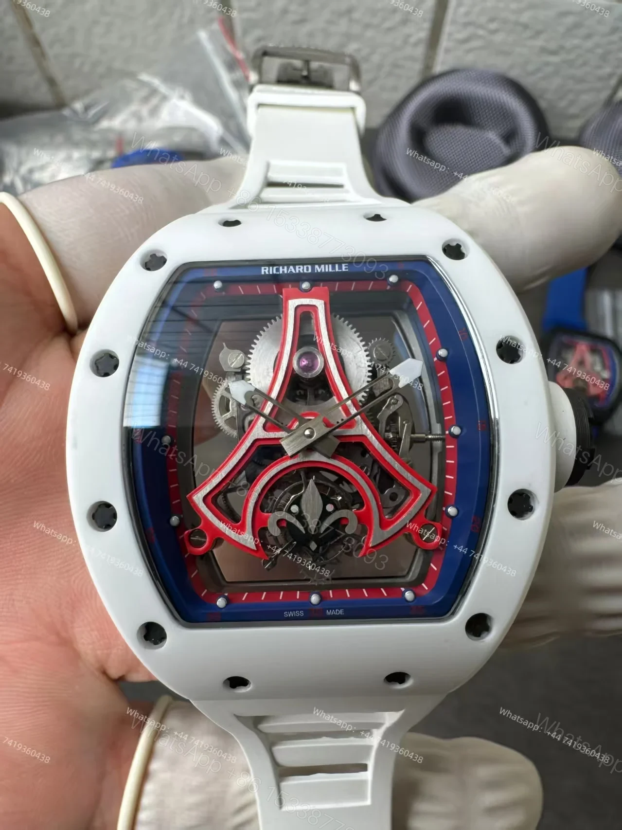 View 9 of Super Clone Richard Mille RM52-03 White Ceramic Paris Saint-Germain Skeleton Tourbillon 1:1 Replica Watch