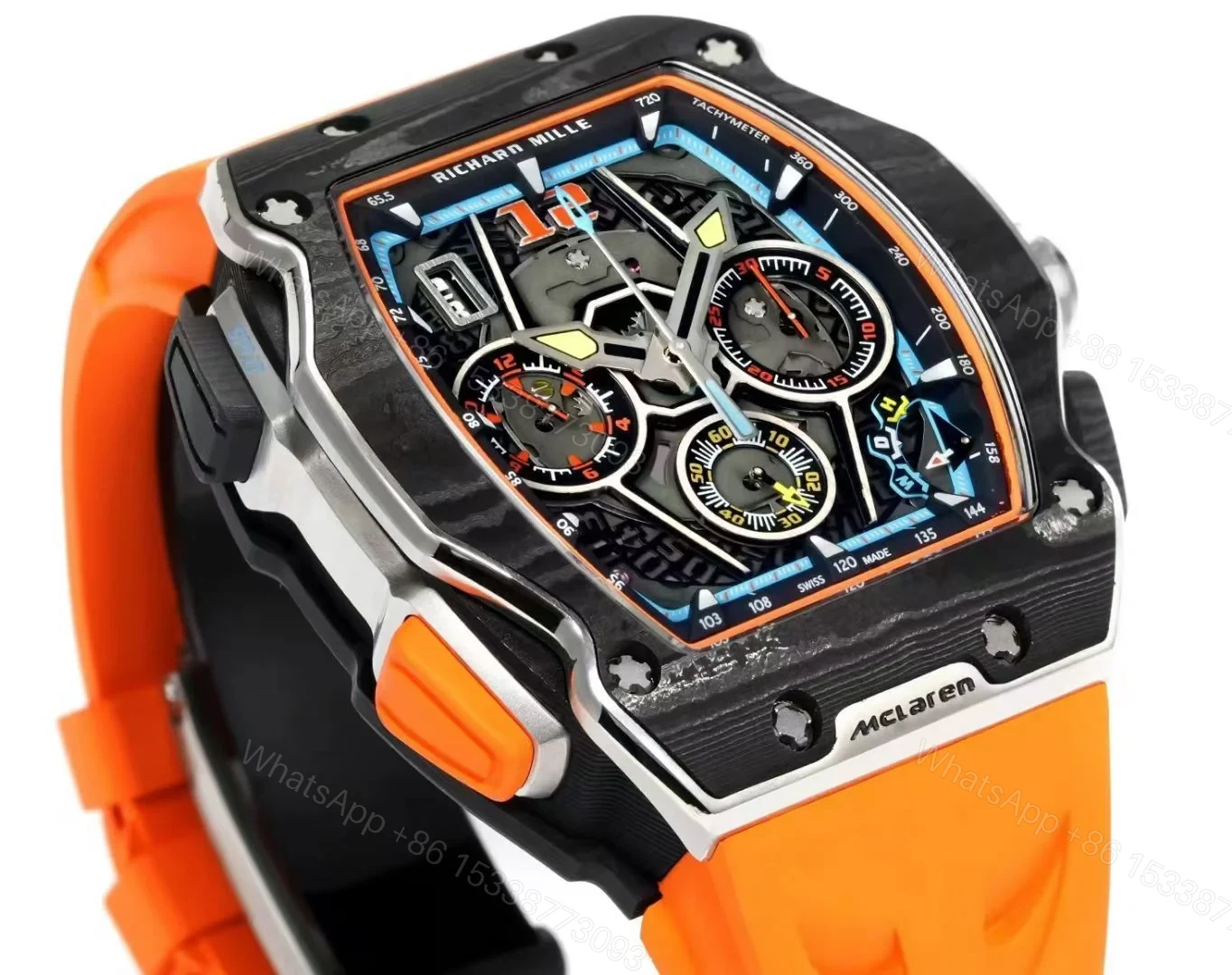 View 2 of Richard Mille RM65-01 McLaren W1 Automatic Chronograph Watch Orange Strap Carbon TPT Titanium Skeleton Dial RMAC4 Movement Premium Edition RM65-01-MCL-W1-ORG