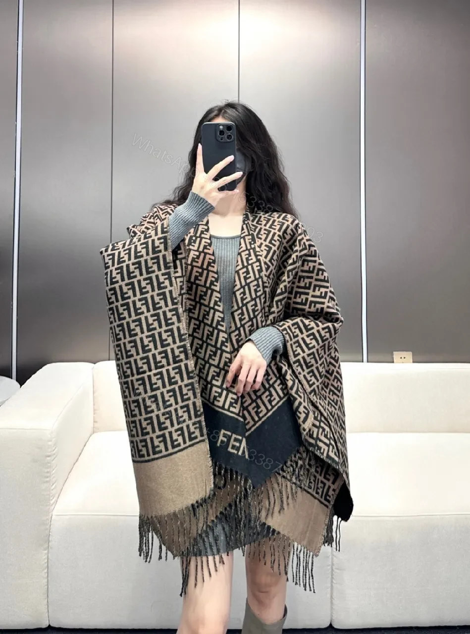 View 2 of Two-Tone Knit Wrap Poncho: Open-Front Fringe, Cozy Luxury