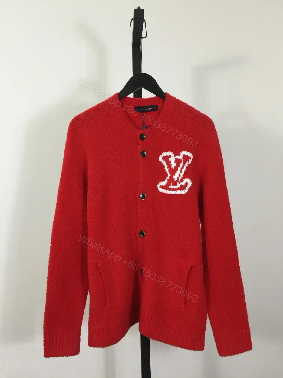 Bold Red Cardigan with Luxe Logo Emblem - Cozy, Everyday Chic — view 1