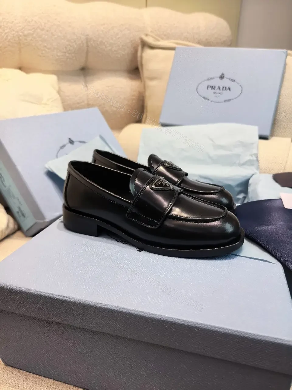 View 6 of Black Leather Prada Slippers with Logo Trim