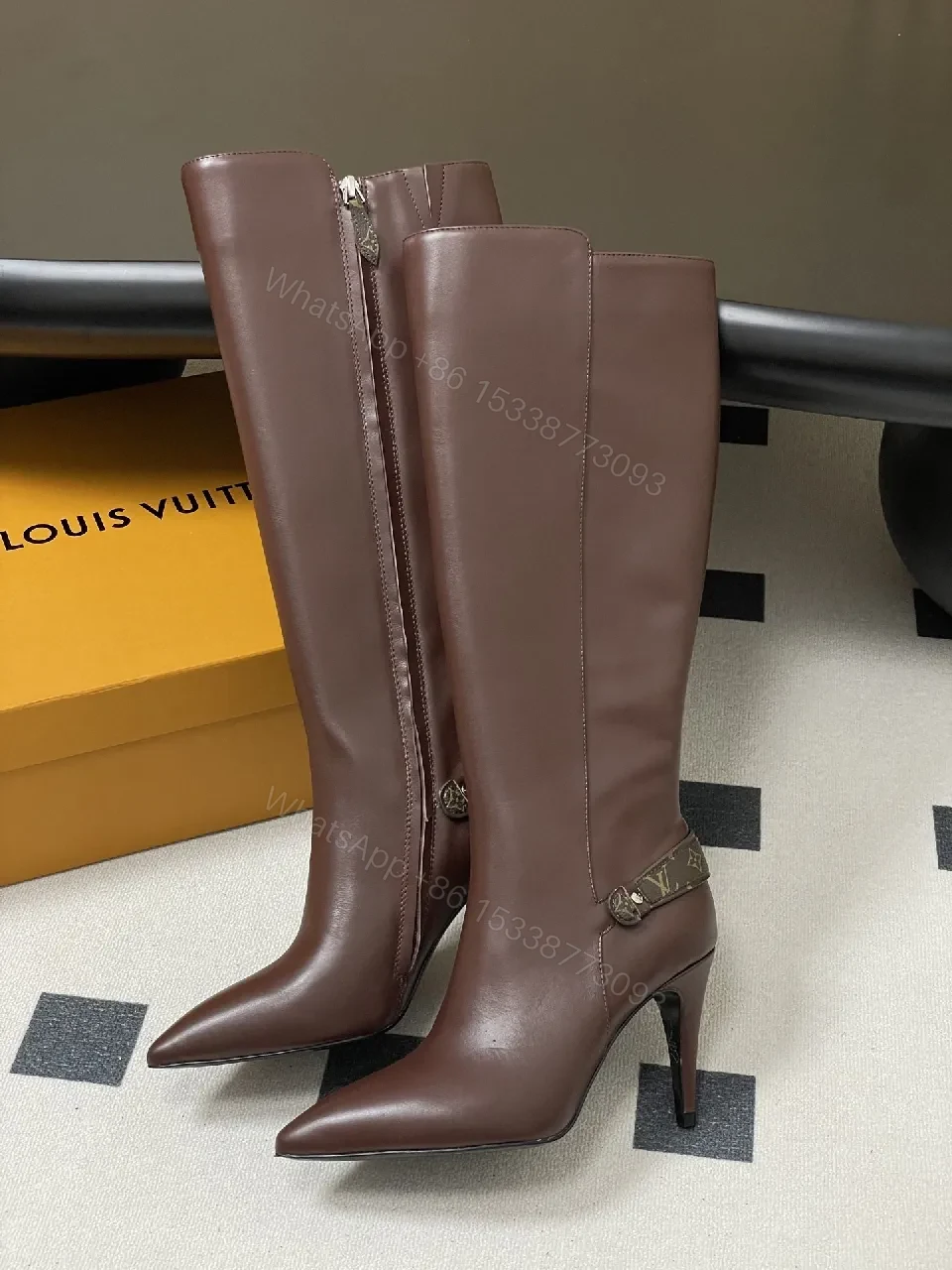 View 3 of Brown Leather Knee-High Boots with LV-Accent Details