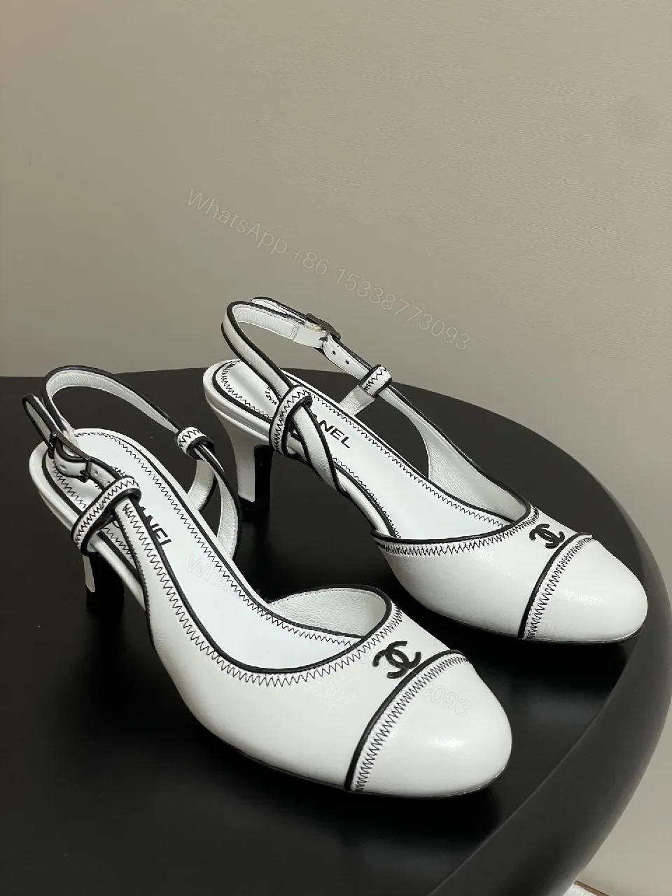 White Leather Slingback Kitten Heels with Contrast Stitch — view 1