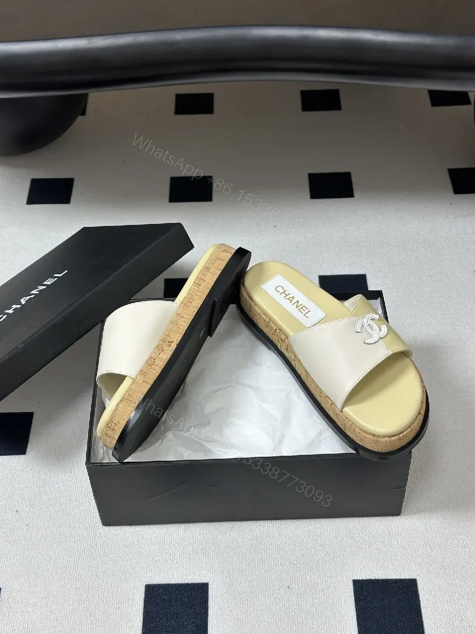 View 2 of Beige Leather Chanel-Logo Espadrille Sandals