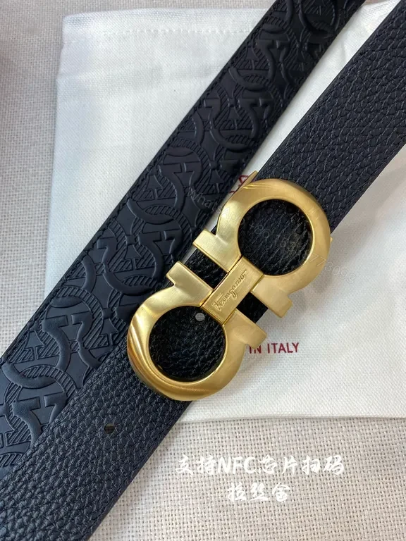 View 5 of Gancini Gold Buckle Belt â€“ Black Calfskin, 3cm, Ferragamo