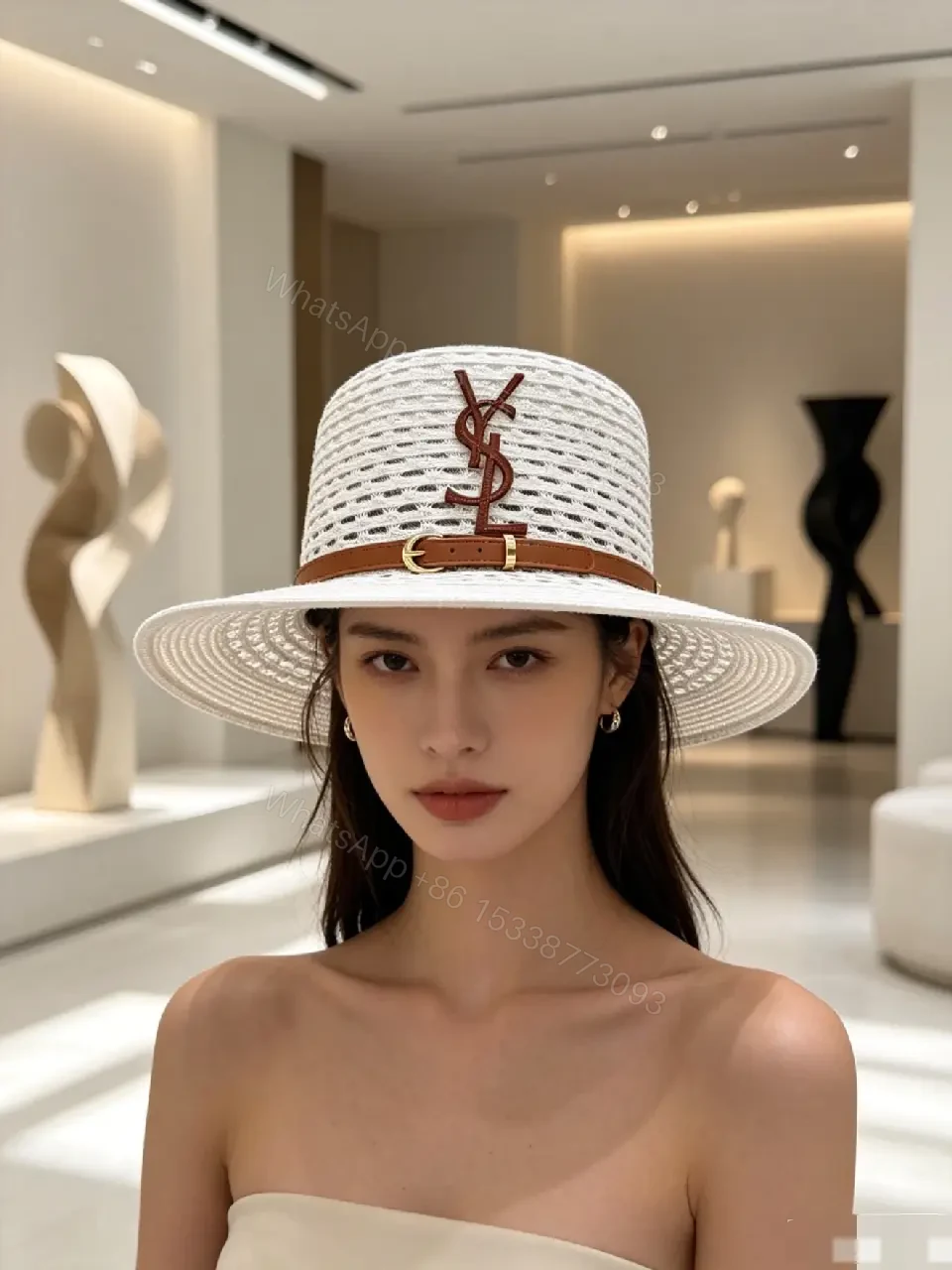 View 7 of Natural Straw Fedora Hat Leather Strap YSL Emblem