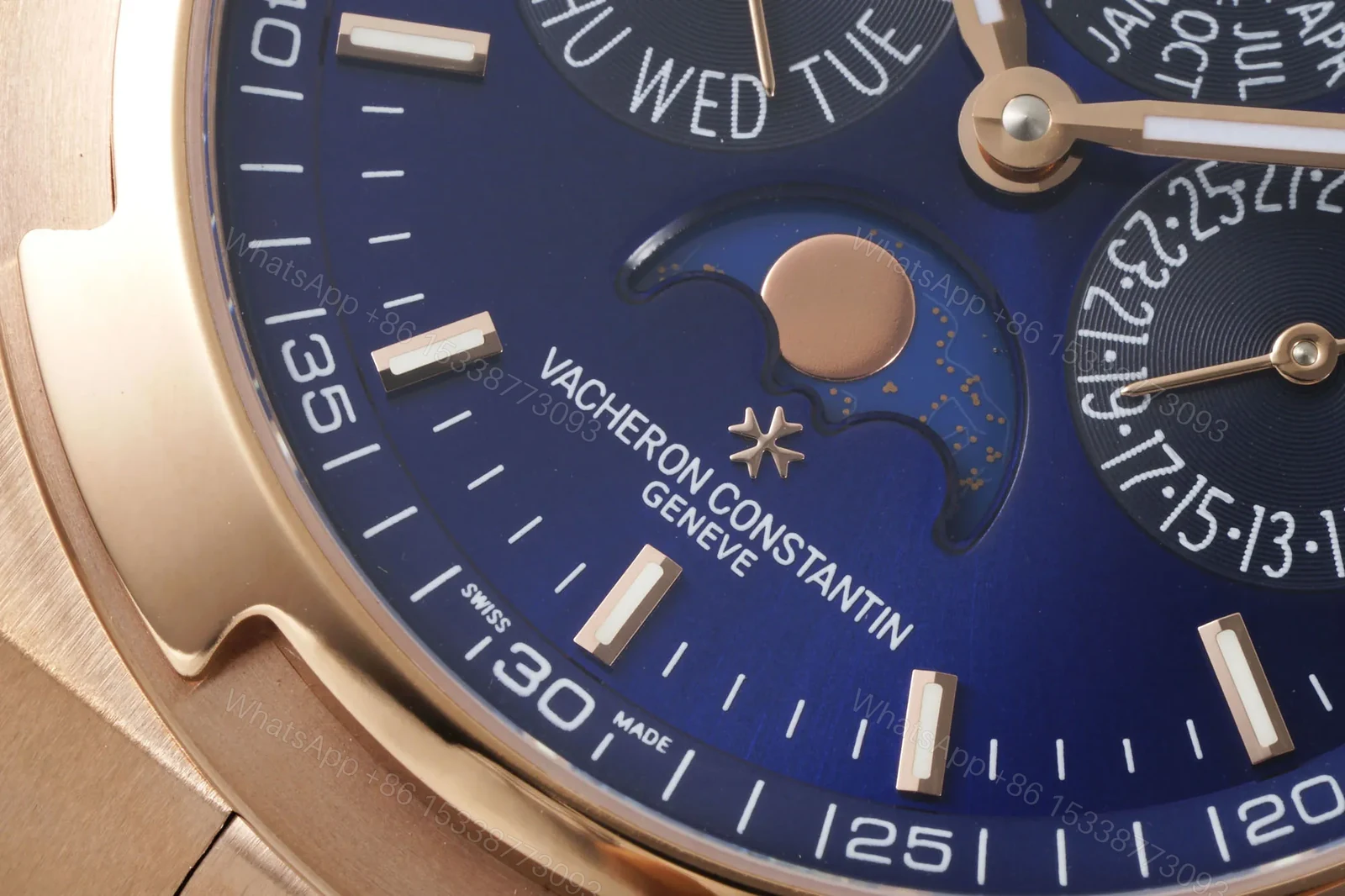View 4 of JJ Factory Vacheron Constantin Overseas Perpetual Calendar 4300V Rose Gold Watch with Blue Dial and Interchangeable Strap System
